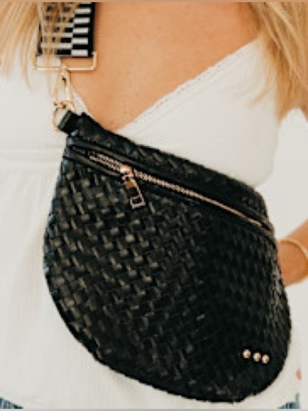 Black Woven Crossbody Belt Bag -